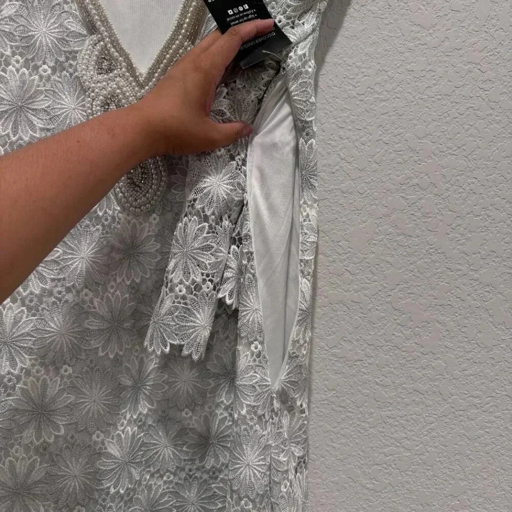 Boston Proper Embellished Metallic Floral Lace Tunic Dress White/Silver Size XS - Picture 12 of 16